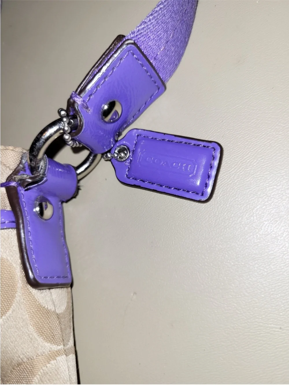 Coach Poppy Beige Signature Crossbody with Purple Trim